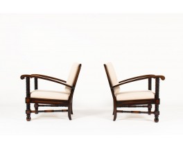 Charles Dudouyt armchairs in mahogany and beige linen fabric 1930 set of 2