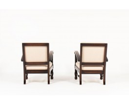 Charles Dudouyt armchairs in mahogany and beige linen fabric 1930 set of 2