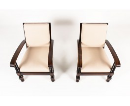 Charles Dudouyt armchairs in mahogany and beige linen fabric 1930 set of 2