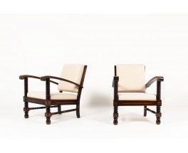 Charles Dudouyt armchairs in mahogany and beige linen fabric 1930 set of 2