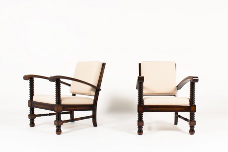 Charles Dudouyt armchairs in mahogany and beige linen fabric 1930 set of 2