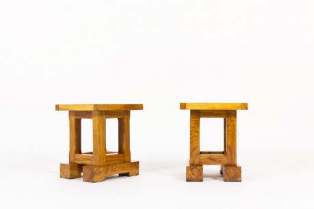Square stools in solid elm 1960 set of 2