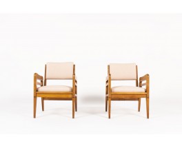 Fauteuils chêne et lin beige design reconstruction 1950 set de 2