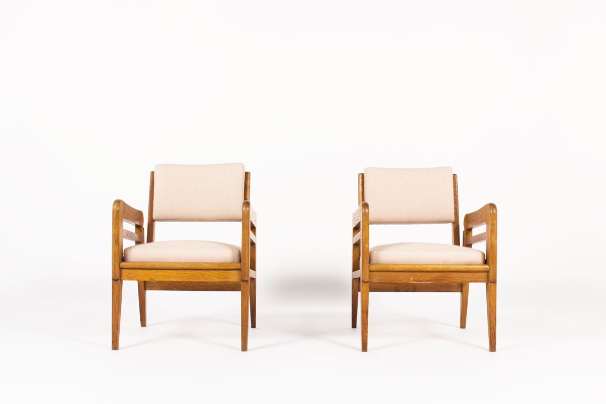 Armchairs in oak and beige linen fabric reconstruction design 1950 set of 2