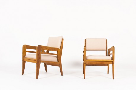 Armchairs in oak and beige linen fabric reconstruction design 1950 set of 2
