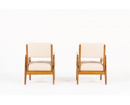 Armchairs in oak and beige linen fabric reconstruction design 1950 set of 2