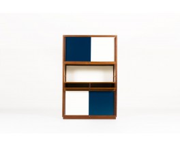 Andre Sornay storage unit with 4 doors in mahogany with white and blue lacquer 1960