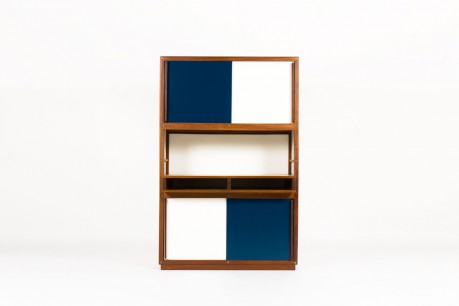 Meuble André Sornay 4 portes acajou laque blanche et bleue canard 1960