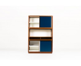 Andre Sornay storage unit with 4 doors in mahogany with white and blue lacquer 1960