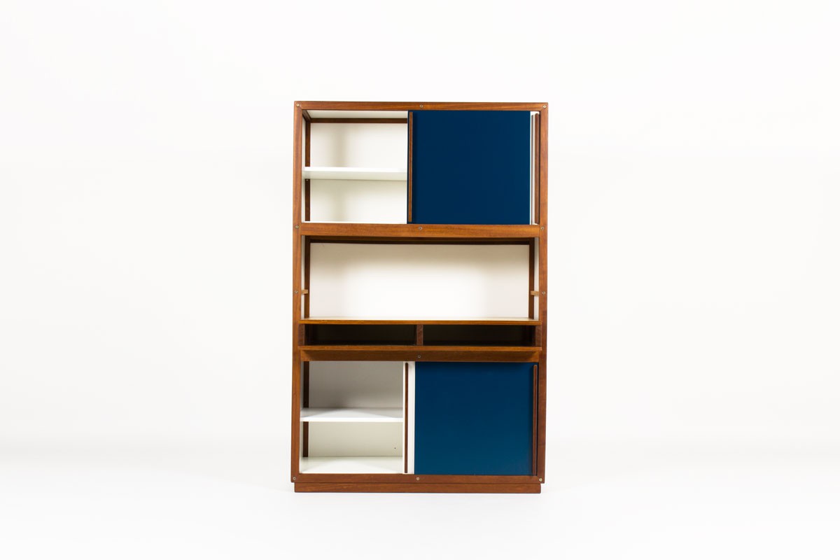 Andre Sornay storage unit with 4 doors in mahogany with white and blue lacquer 1960