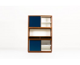 Andre Sornay storage unit with 4 doors in mahogany with white and blue lacquer 1960