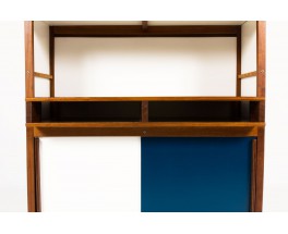 Andre Sornay storage unit with 4 doors in mahogany with white and blue lacquer 1960