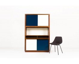 Andre Sornay storage unit with 4 doors in mahogany with white and blue lacquer 1960