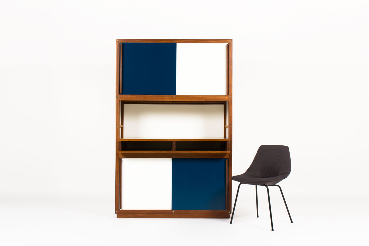 Andre Sornay storage unit with 4 doors in mahogany with white and blue lacquer 1960
