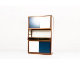 Andre Sornay storage unit with 4 doors in mahogany with white and blue lacquer 1960