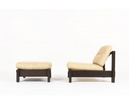 Armchair and footrest in blackened oak and beige fabric 1950