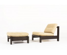 Armchair and footrest in blackened oak and beige fabric 1950