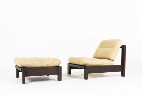 Armchair and footrest in blackened oak and beige fabric 1950