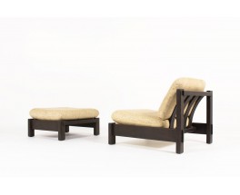 Armchair and footrest in blackened oak and beige fabric 1950