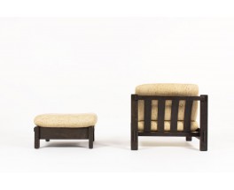 Armchair and footrest in blackened oak and beige fabric 1950