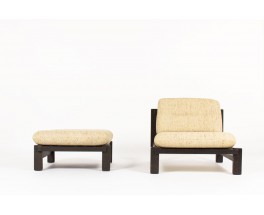 Armchair and footrest in blackened oak and beige fabric 1950