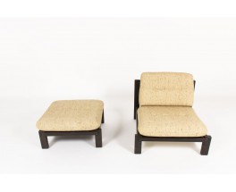 Armchair and footrest in blackened oak and beige fabric 1950