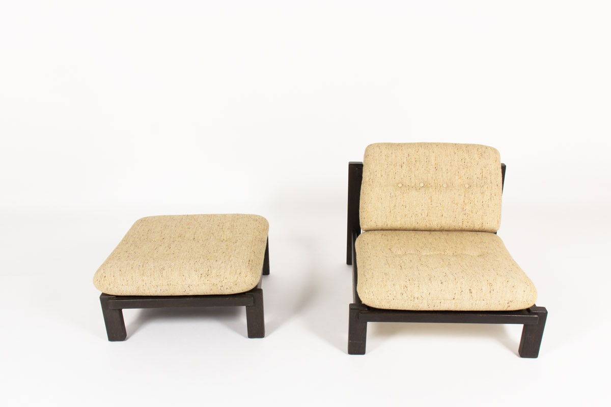 Armchair and footrest in blackened oak and beige fabric 1950