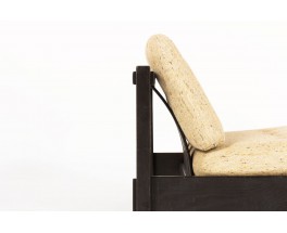 Armchair and footrest in blackened oak and beige fabric 1950