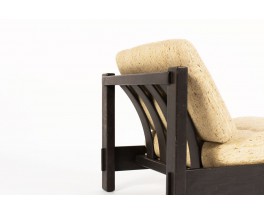 Armchair and footrest in blackened oak and beige fabric 1950