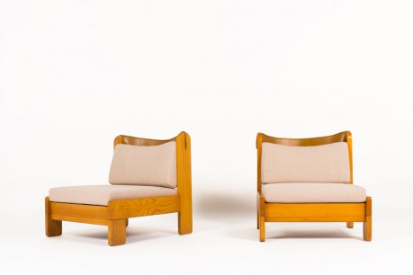 Low chairs in pine brown leather and beige linen fabric 1950 set of 2