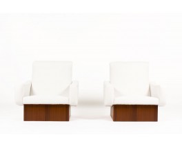 Armchairs in mahogany and beige fabric 1950 set of 2