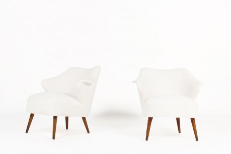 Armchairs in beech and beige fabric 1950 set of 2