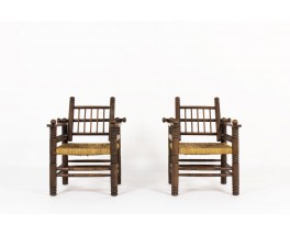 Armchairs in walnut and rope 1950 set of 2