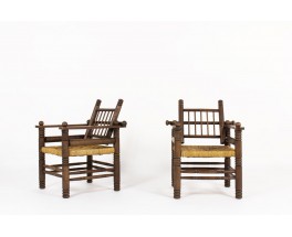 Armchairs in walnut and rope 1950 set of 2