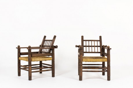 Armchairs in walnut and rope 1950 set of 2