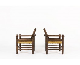 Armchairs in walnut and rope 1950 set of 2