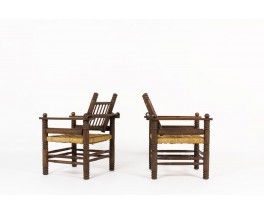 Armchairs in walnut and rope 1950 set of 2