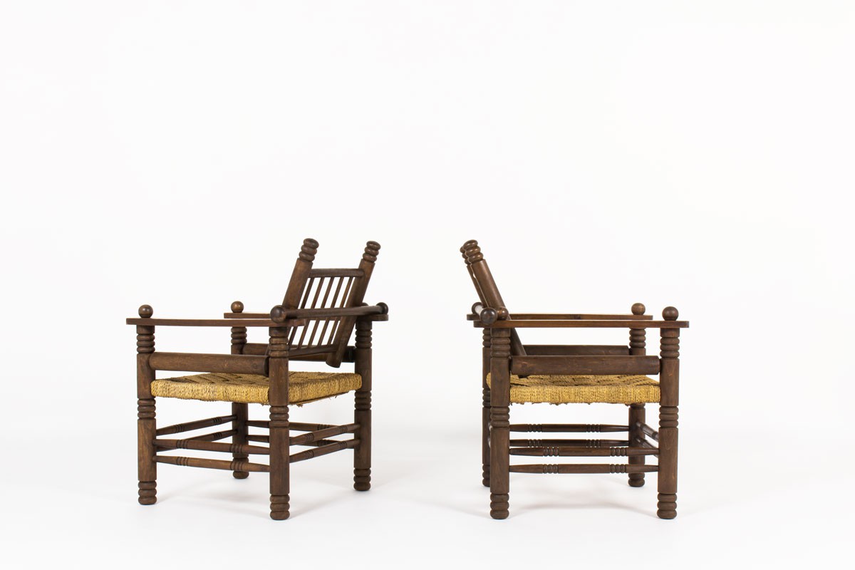 Armchairs in walnut and rope 1950 set of 2