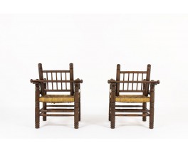 Armchairs in walnut and rope 1950 set of 2