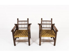 Armchairs in walnut and rope 1950 set of 2