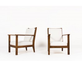 Armchairs in walnut and beige fabric reconstruction design 1950 set of 2