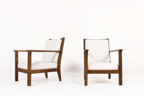 Fauteuils en noyer et tissu beige design reconstruction 1950 set de 2