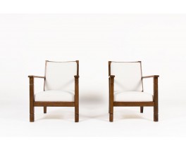 Armchairs in walnut and beige fabric reconstruction design 1950 set of 2