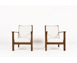 Fauteuils en noyer et tissu beige design reconstruction 1950 set de 2