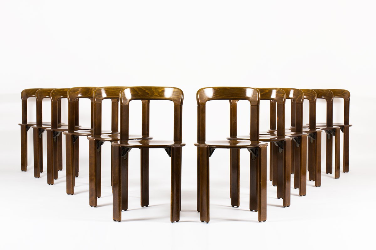 Bruno Rey stackable chairs in beech edition Dietiker 1970 set of 12