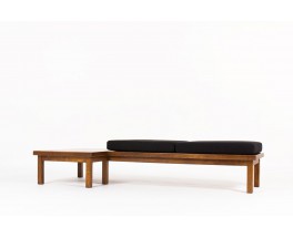 Banquette en chêne et tissu lin noir 1950