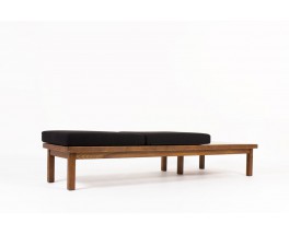 Banquette en chêne et tissu lin noir 1950