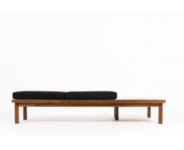 Banquette en chêne et tissu lin noir 1950