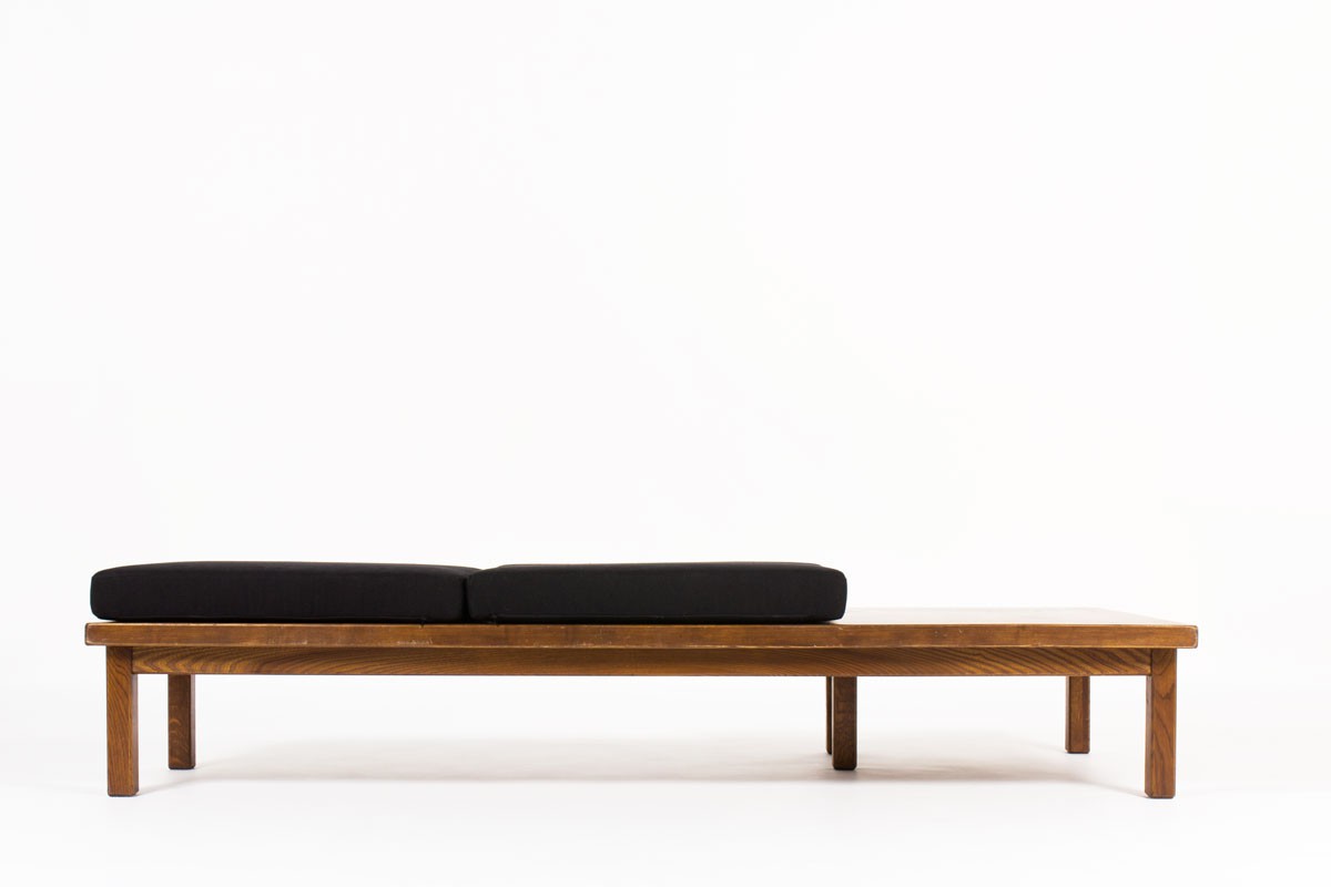 Daybed in oak and black linen fabric 1950