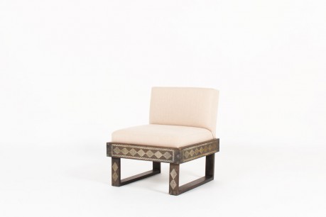 Low chair in dark wood and beige linen fabric African design 1950